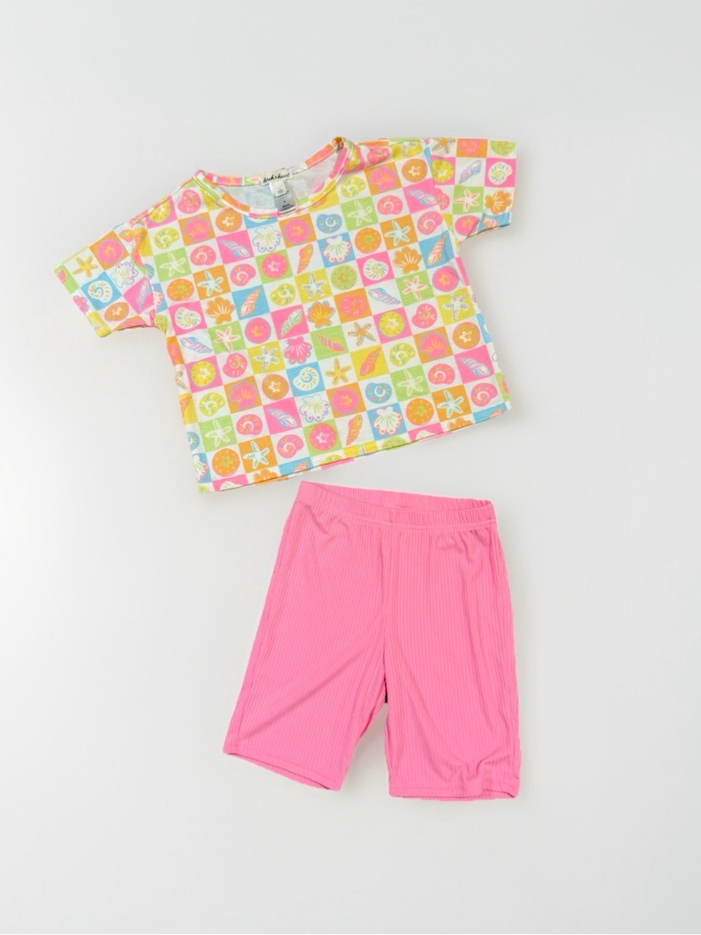 Derek Heart Girls 10  Set Beach Colorful Boxy Crop Pink Ribbed Biker Shorts EUC